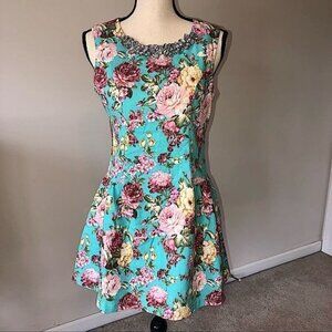English Rose Dress Size M Juniors Jeweled Neckline Floral Blue Pink Sleeveless